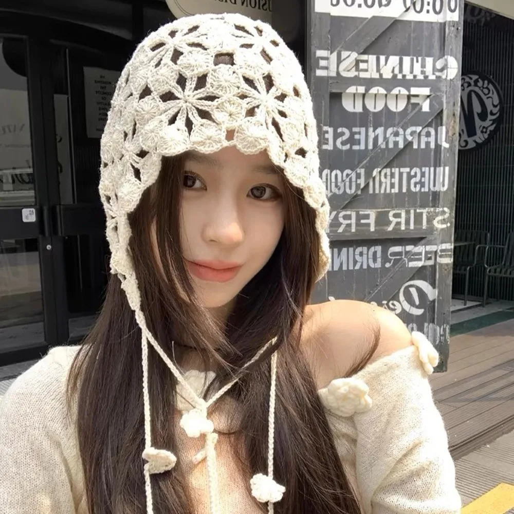 Fashion Handmade Crochet Hollow Knit Cap Women Girl Y2K Sweet Berets Retro Casual Turban Mesh Flower Pullover Hat Skullies Hat 250321