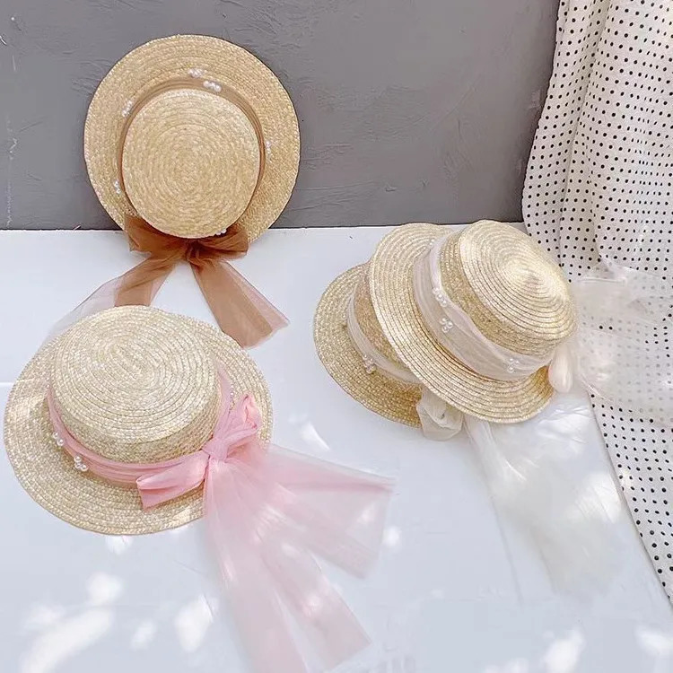 Elegant Fashion Mother Daughter Sunhats Lace Mesh Pearls Hat Cap Outdoor Beach Sunprotection Summer Straw Hat for Adult and Girl 250326