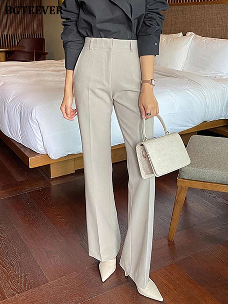 BGTEEVER Elegant High Waist Pockets Wide Leg Suit Pants Women Spring Autumn Loose Solid Straight Trousers Female