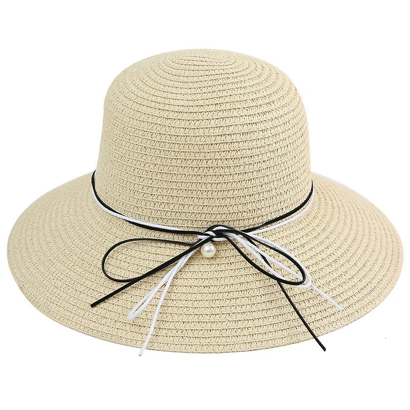 Black and White Rope Pearl Womens Straw Hat Summer Seaside Travel Foldable Shade Womens Straw Hat 250326
