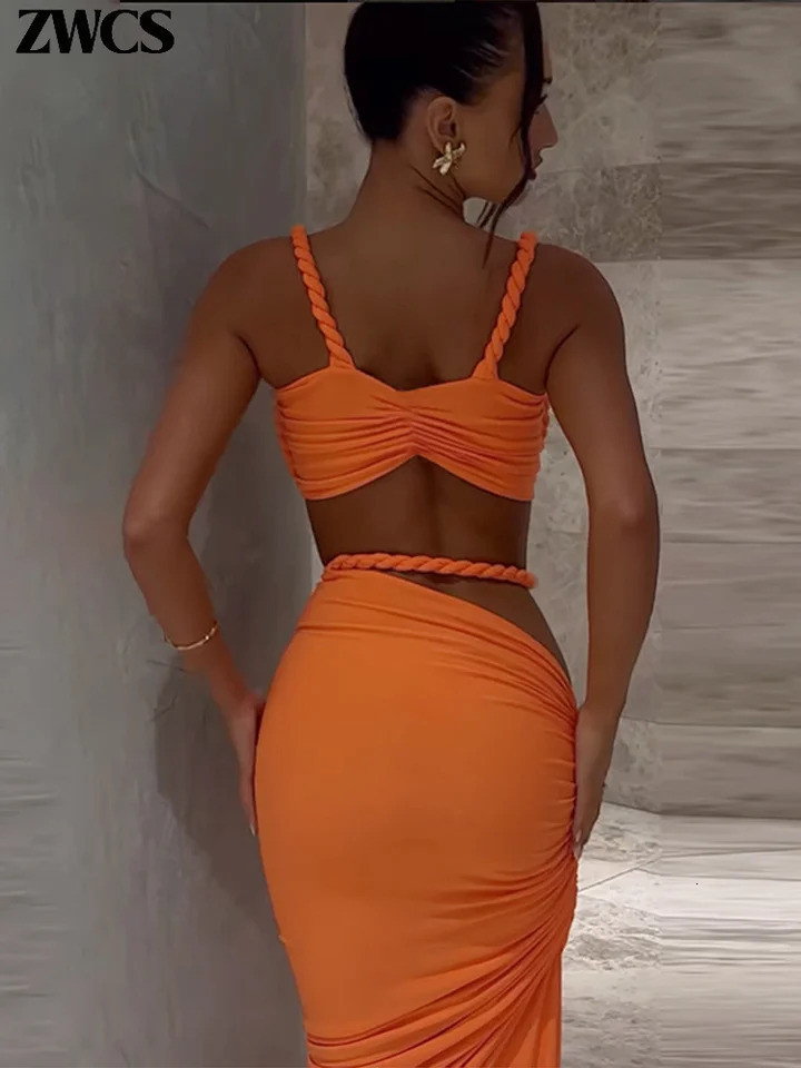 Sexy Hollow Out Skirts Set Women Solid Twisted Sleeveless Backless Tops Hip Package Pleated Long Skirt 2025 Lady Chic Outfit 250324