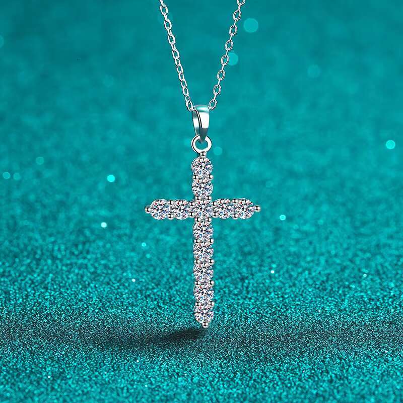 Hot Trendy Fine Moissanite Diamond Cross Pendant on Sterling Silver Chain High Quality Necklace for Men Women Girls Jewelry
