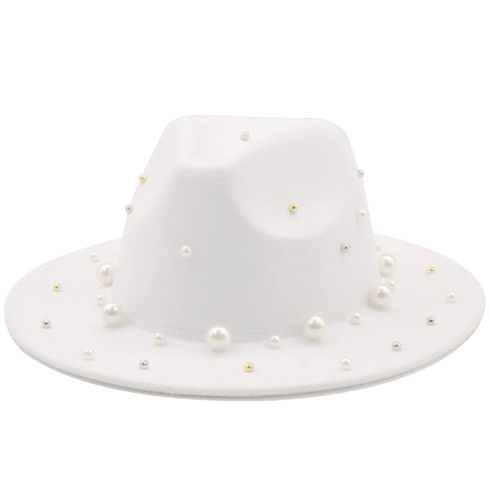 Spring and Autumn Womens Wide Brim Artificial Wool Felt Top Hat Pearl Decoration Jazz Party Wedding Brown Fedora Hat 250325