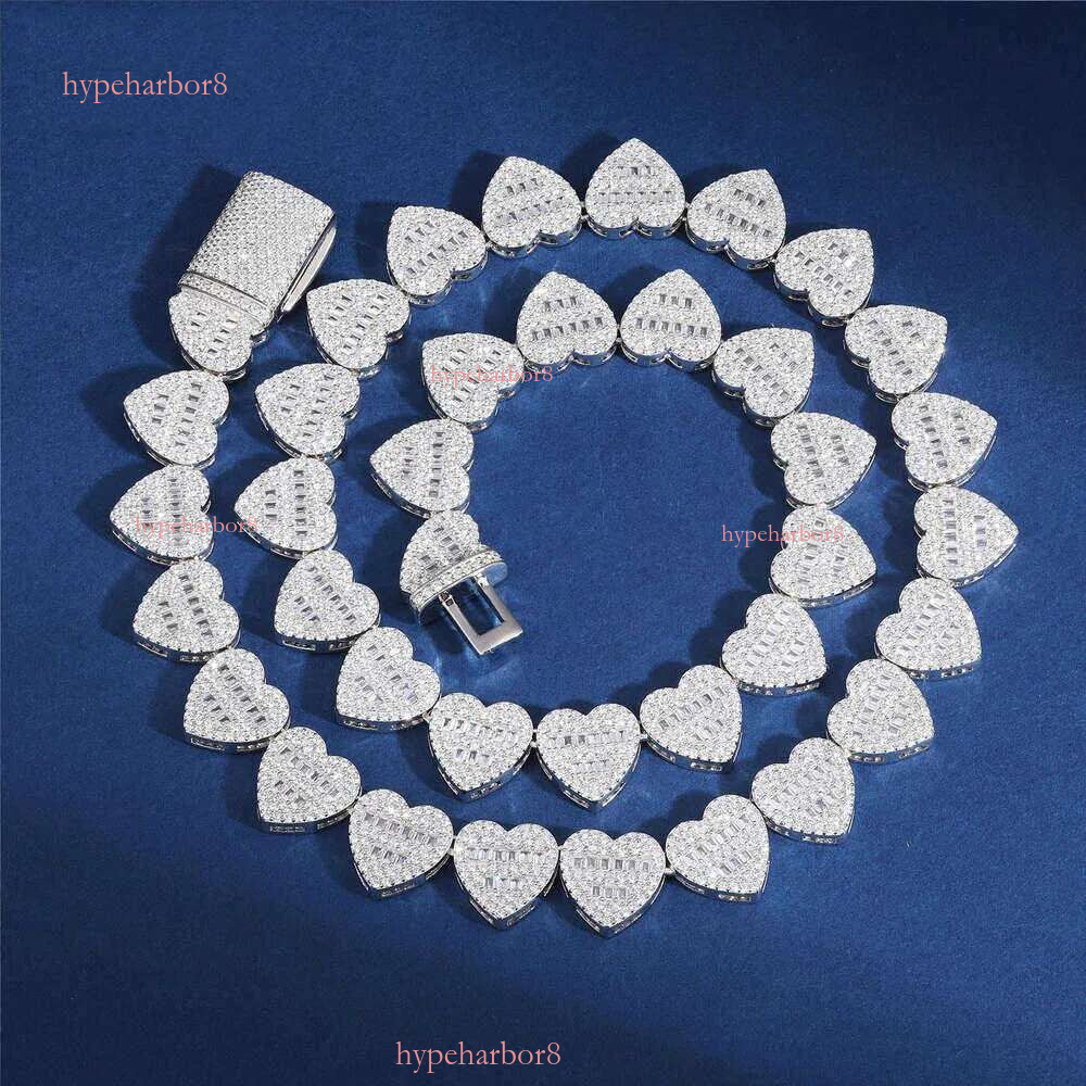 Dropshipping Hip Hop Jewelry 13mm Sterg Sier VVS Moissanite Dia Iced Out Heart Shape Tennis Chain Necklace