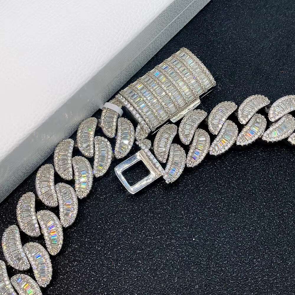 20mm Hip Hop Jewelry Baguette Pass Diamond Tester VVS Moissanite Cuban Link Chain Sterling Silver 925