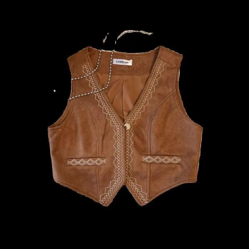 Vintage Fashion Autumn Women V-Neck Embroidery Button Casual Ethnic Style Sleeveless Loose Cardigan Short Cowboy Coats Vest Tops 250320