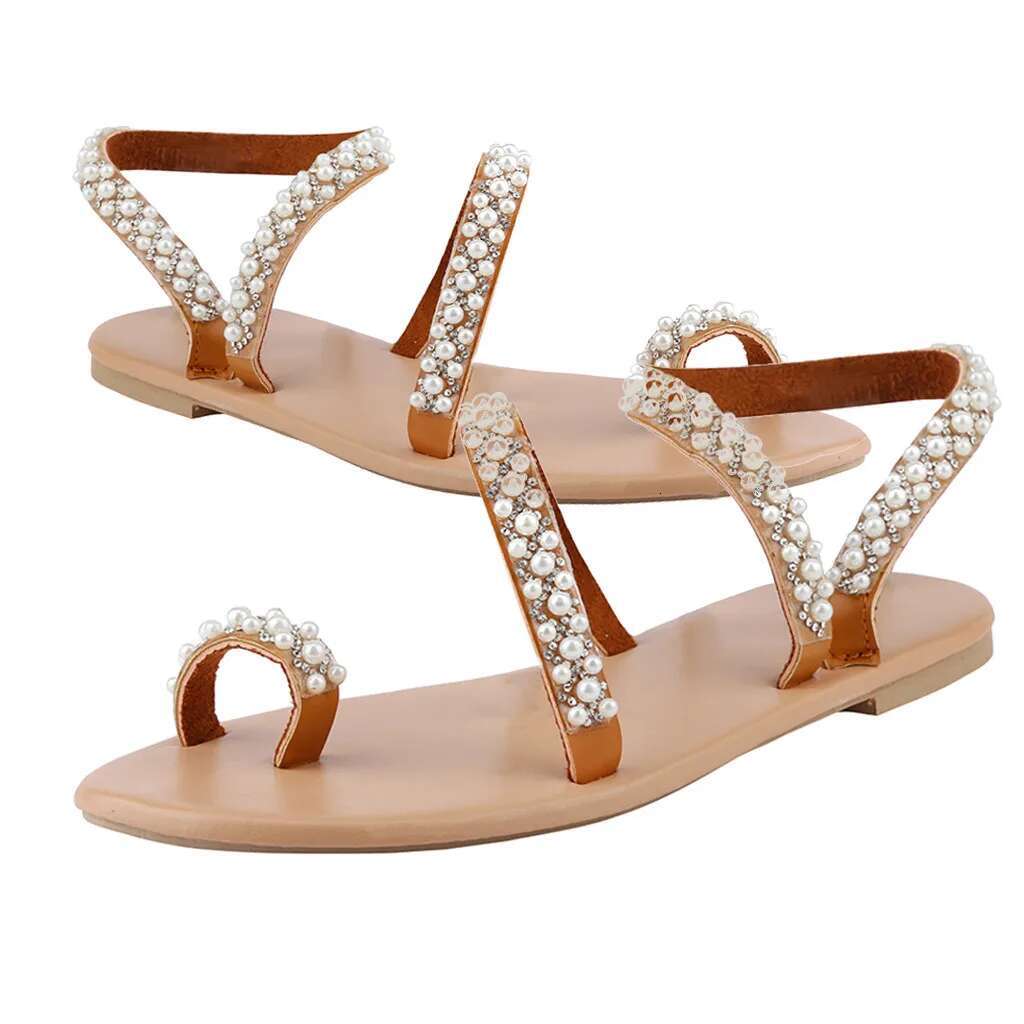 Shoes 2024 Trend Casual Sexy Flat-Soled Sandals Summer Women Pearl Shoes Crystal Women's Elegant Sandals Woman