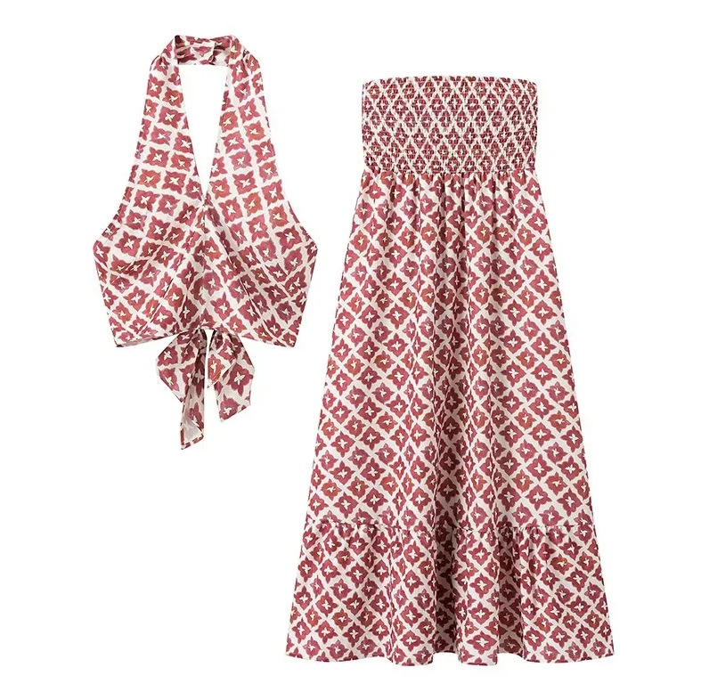 Women's INS off shoulder and backless pullover, hanging neck printed high waisted skirt set