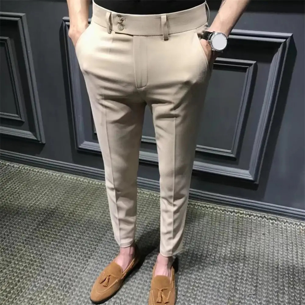 Mens Blazer Pants Anti- Mid Waist Mens Ninth Pants Young Style Mens Casual Ninth Suit Pants Pockets Business Long Trousers 250321