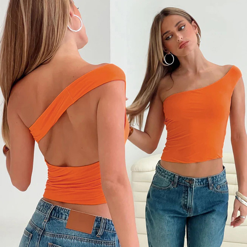 2025S Fashion Designer Q TP Women S Autumn And Winter Diagonal Cross Straight Hanging Neck Often Worn Backless Short Style Crop Top T Shirt