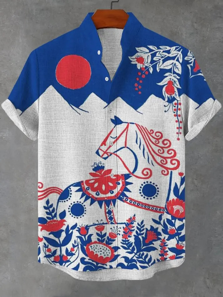 2025 linen comfortable fabric Asian style retro pattern printed mens short sleeved shirt casual wear button top 250325