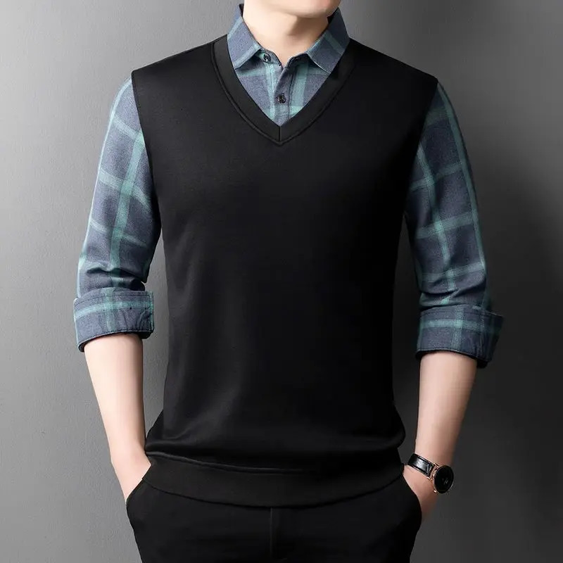 Smart Casual Formal Mens Polo Shirt Two Plaid Street Retro Clothing Spring and Autumn Fashion Long Sleeve Business Top 250326