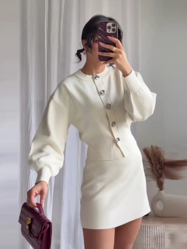 Casual Knitted Matching Set Round Neck Puff Long Sleeve Cardigan Hip Set Mini Skirt Elegant Solid Womens Set 250321