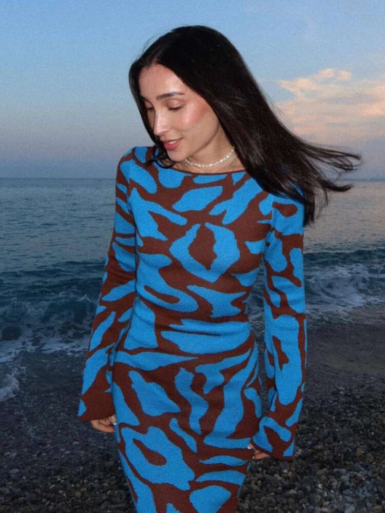 Autumn Knitted Bodycon Maxi Flare Sleeve Elegant Geometric Printed Party Dresses for Women 2023 Evening Club Long Dress