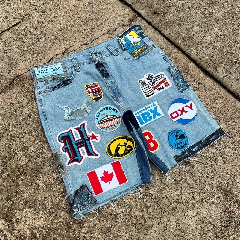 Men Women Hip Hop Cartoon Pattern Patchwork Shorts Retro Blue Baggy Gym Short Y2K Street Basketball Jorts Jeans 250325
