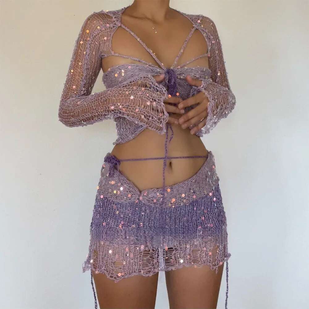 2025 Spring Autumn Clothes 3Pcs Set New Knitted Cardigan Korean Fashion Sweet Cardigans For Women Band Sequin