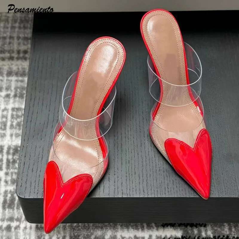 Elegant Pointed Toe Transparent PVC Heart High Heels Mules Slipper Women 2024 Black White Red Shoes Designer Pumps