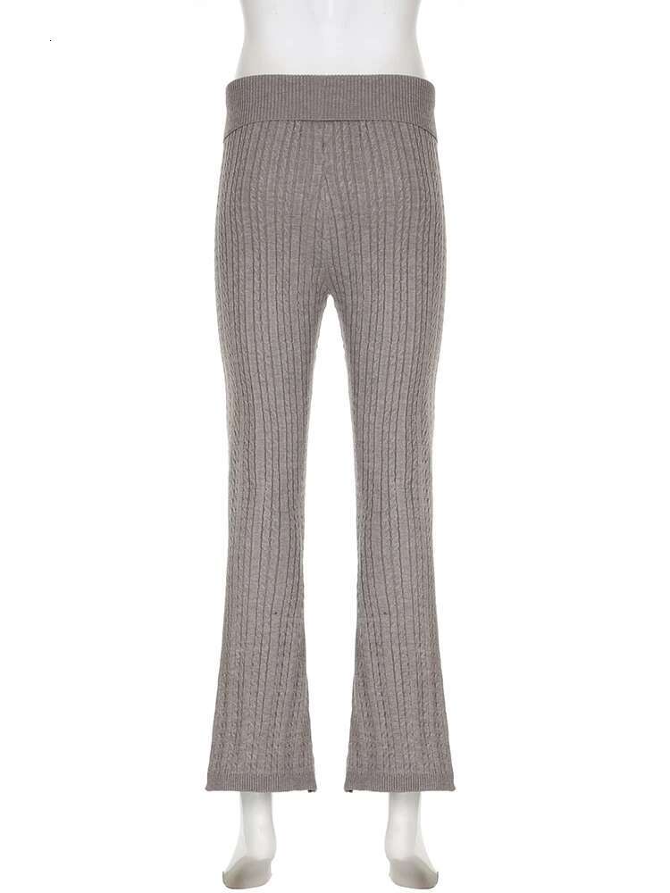 IAMSURE Casual Basic Knitted Flares Autumn Winter Slim Solid Turn-Down Waist Low-Waisted Pants Women Fashion Streetwear