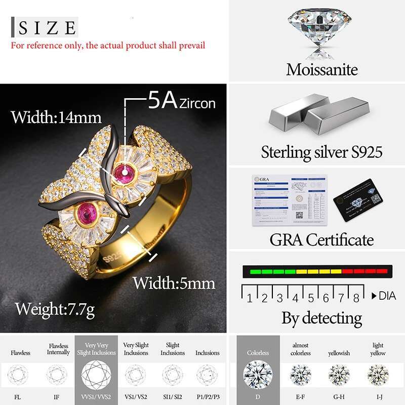 Custom owl Men Ring Moissanite 925 Silver Hip Hop Jewelry Unisex Classic Men Rings Rock Gift
