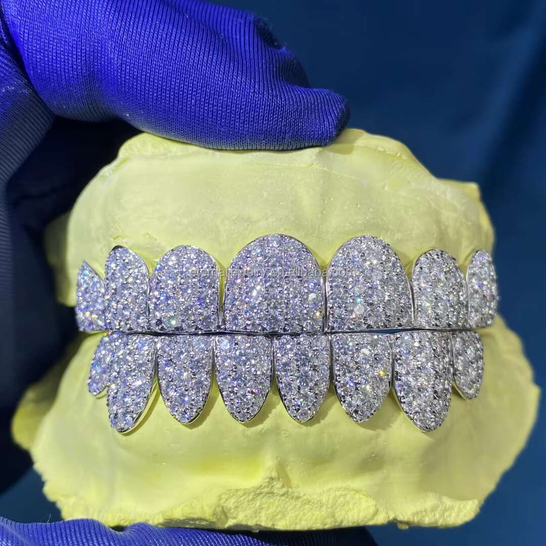 925 Sterling Silver Hip Hop Jewelry Honeycomb SettingTeeth Grillz With Custom Rich Ice Out Moissanite Diamond Grillz