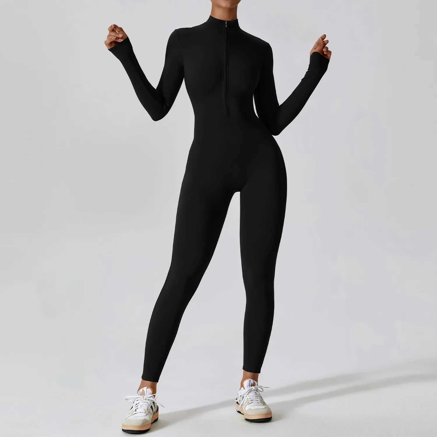 Gym zipper jumpsuit yoga boiler suit long sleeved womens sportswear high-strength fitness one-piece bodysuit W250326