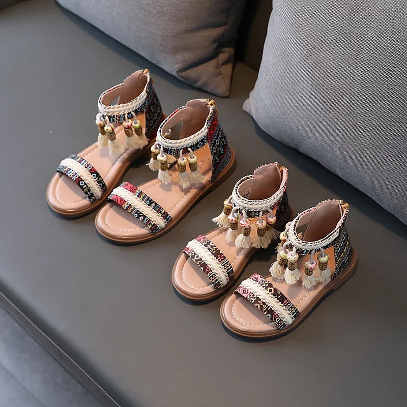 Girls Gladiator Sandals Princess Sweet Kids Beach Shoes Kids Summer Retro Ethnic Traditional Sandals with Tassels Soft Back Zip 250326