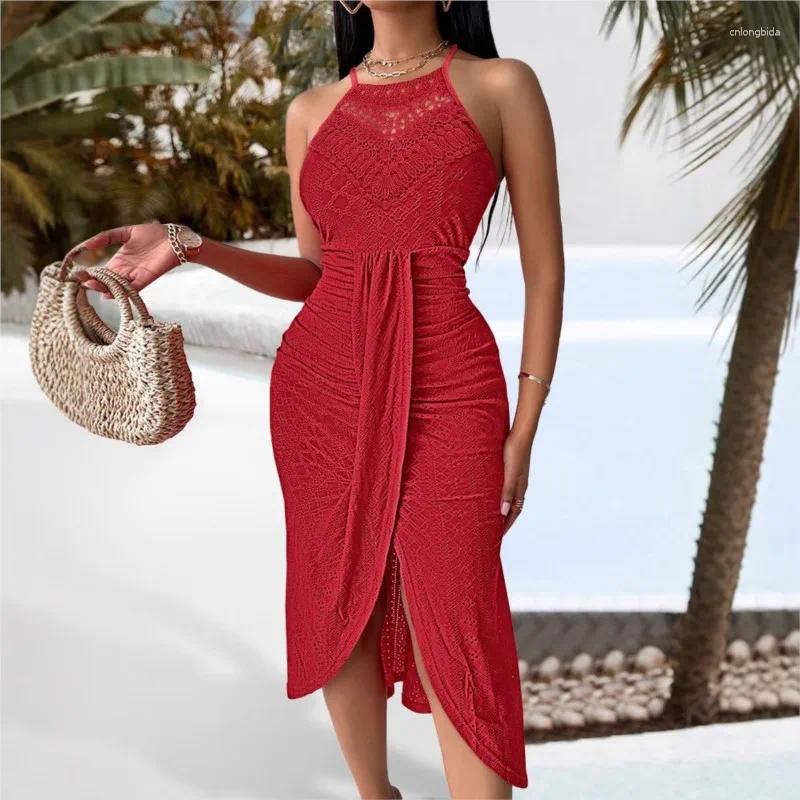 Casual Dresses 2025 Hollowed-out Slit Dress Women Fashion Hallow Sleeveless Pleated Summer Irregular Beach Vacation Solid Color