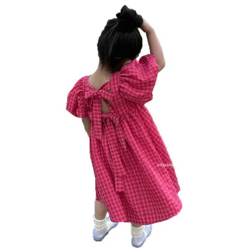 Grid bandage bow red fluffy sleeves childrens dress girls clothing childrens clothing cute princess dress girls 3t-7t years W250326
