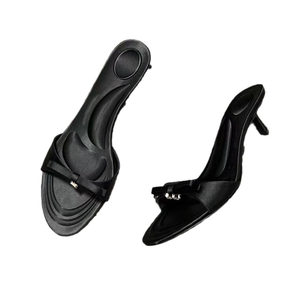 High version Spring/Summer letter rhinestone bow satin sandals with exposed toe strap, high heels, slim heels