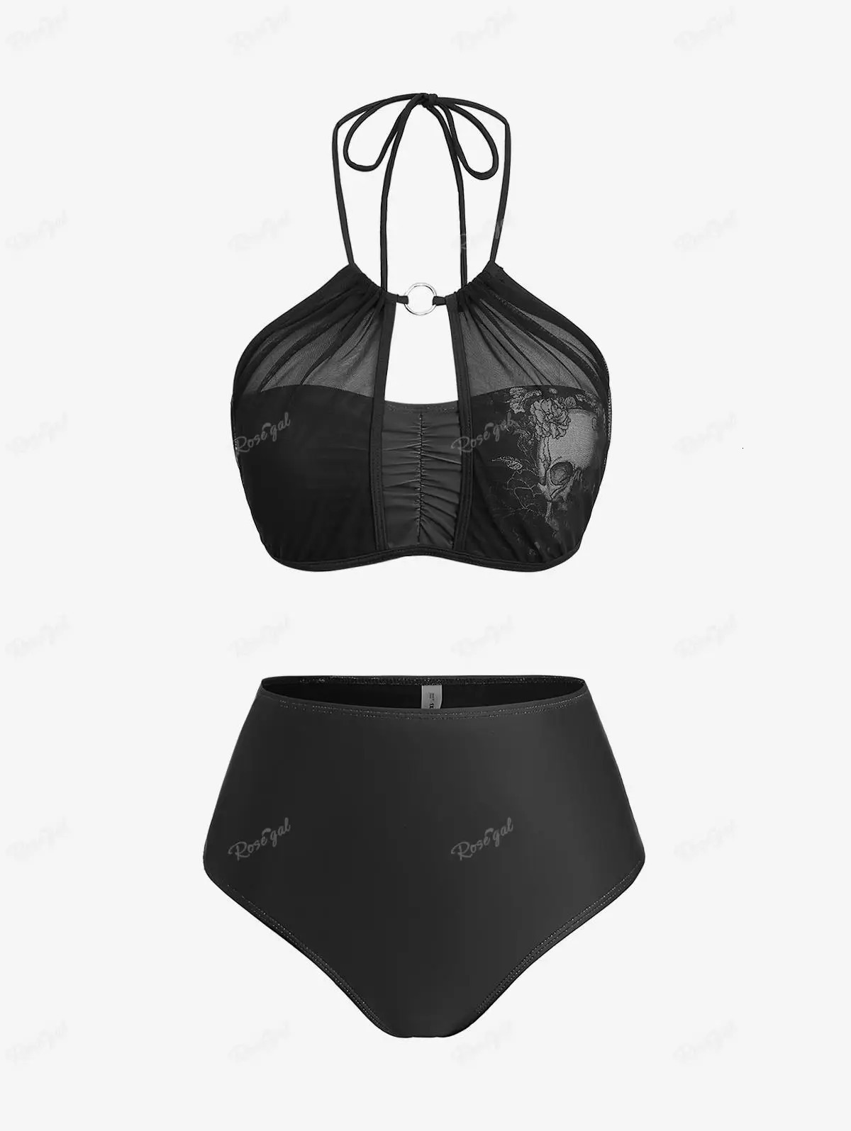 ROSEGAL Plus Size Womens Swimsuit 3 Piece Set Summer Halter Ruched Skull Flower Printed Mesh Asymmetrical Skirt Tankini Bikinis 250324