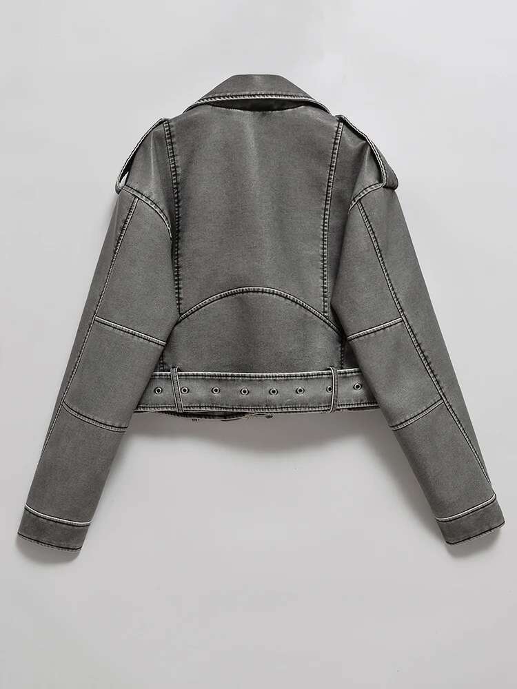 Aigo Women Vintage Loose Washed Faux Leather Short Jacket Streetwear Female Zipper Belt Moto Biker Retro Coat Outwear Tops
