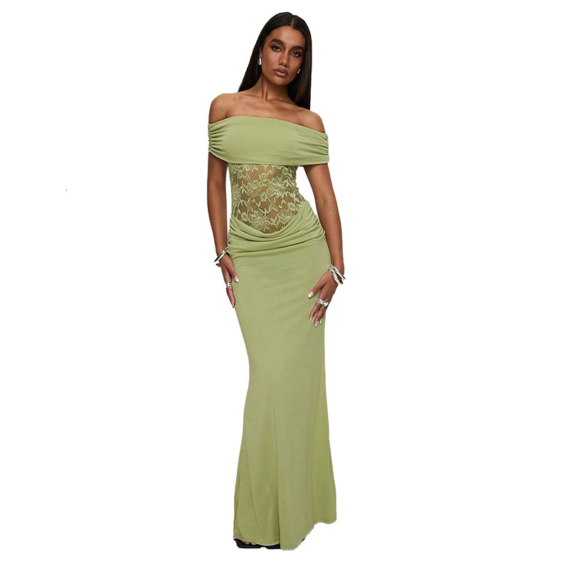 2025S Fashion Designer G DS Women S Spring Summer New One Shoulder Solid Color Splicing Lace Slimming Bag Hip Long Dress