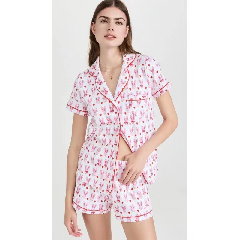 Pajamas Spring/Summer New Short sleeved Set Style Casual Printed Cardigan Women's Home