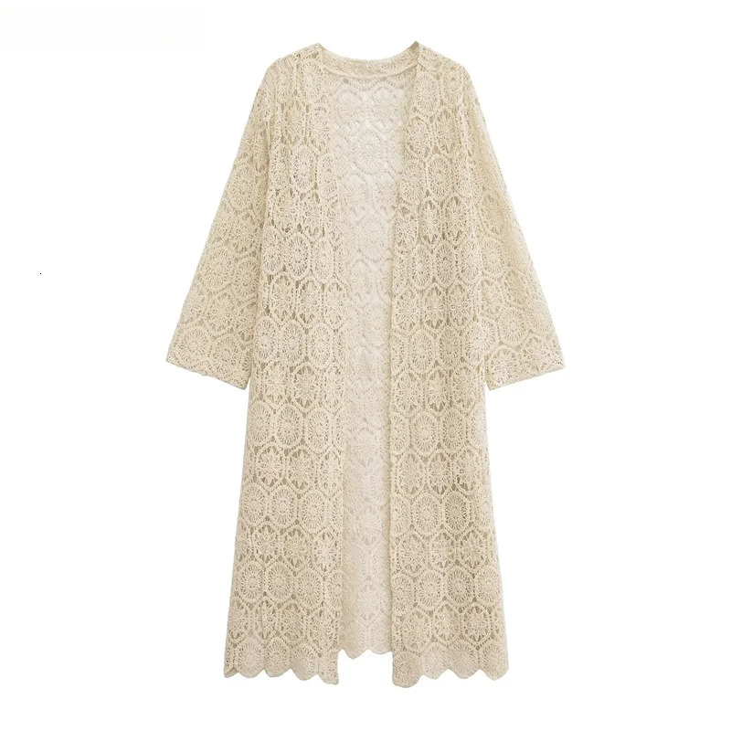 Autumn New Bohemian Holiday Wind Hollow Out Lace Crochet Es Cardigan Women's Long Kimono Knit Outerwear