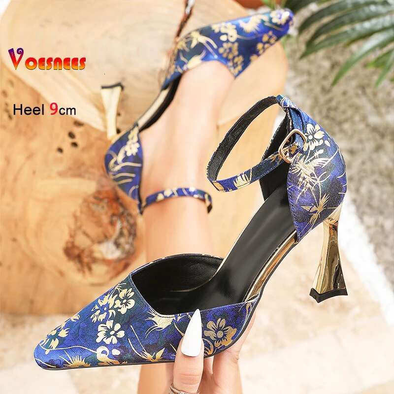 2025 Summer New Side Buckle Designer Fashion High Heels Satin Square Toe Party Women's Shoes