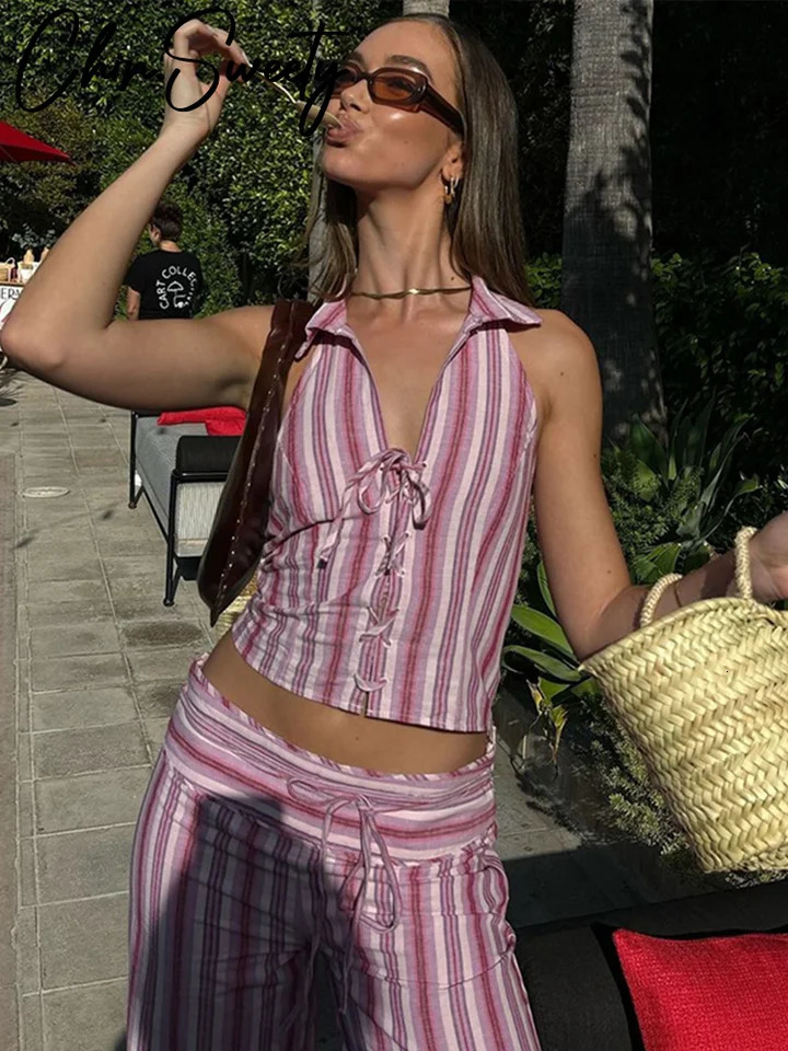 Striped Lace Up Vest Pants Set Women Slim Sleeveless Backless Top Trousers Sets Female 2025 Summer Lady Streetwear Outfit 250325