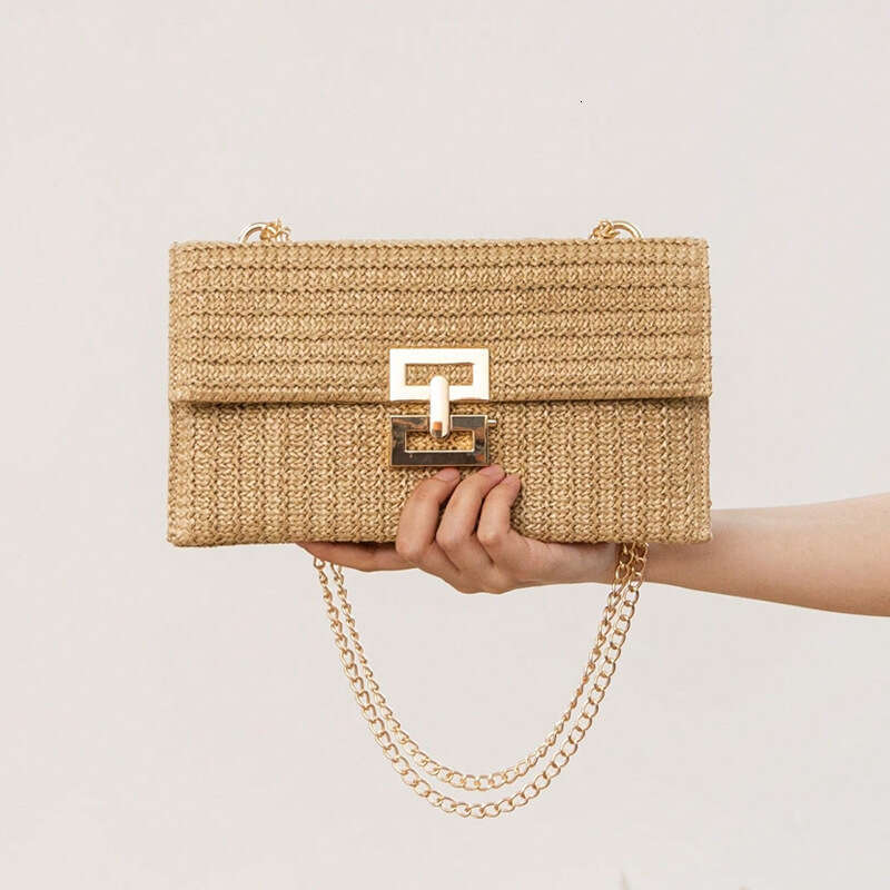 f1 2024 New Vacation Style Multi compartment Chain Flip Lock Straw Woven Single Shoulder Women's Bag