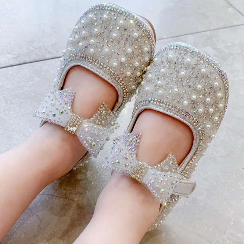 Spring Girls Single Princess Shoes Pearl Shallow Childrens Comfortable Flat Shoes Kid Baby Rhinestone Bowknot Shoes B207 250326