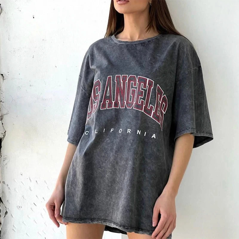 Pure cotton womens T-shirt with pink planet print top loose O-neck oversized T-shirt Y2k womens clothing retro short sleeved 250321