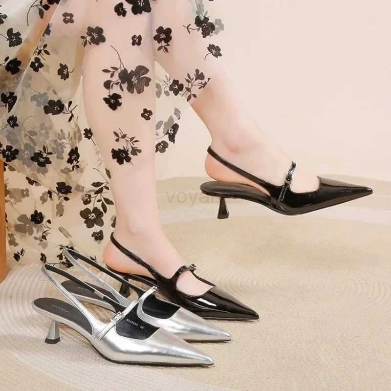 2024 New Summer Wens Sandals French High H Pointed Toe Temperament Baotou Sandals One-Buckle Back Emp Sandals 35-42 Z250326