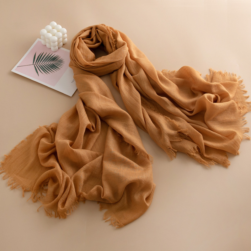 K234 Cross-border solid color cotton and linen scarf for women autumn and winter thin long gauze scarf all-match sunscreen commuting simple fur-edged 