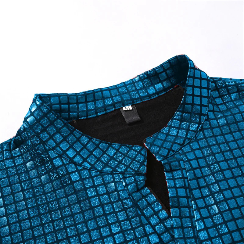 Summer mens standing neck polo shirt fashionable daily casual lightweight breathable small elastic checkered floral pattern 250326