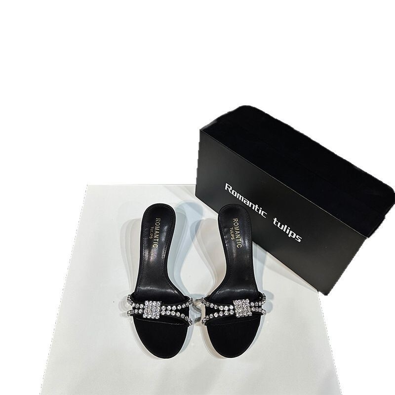 25 new style French elegant sparkling diamond pointed open toe high-heeled shoes with crossed straight stripes and cool slippers made of silk