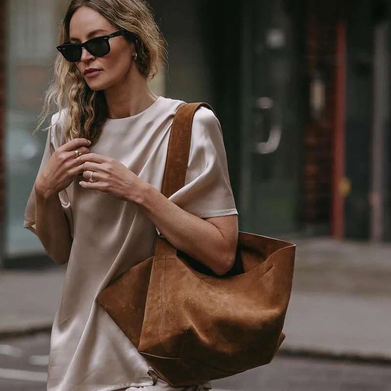 Genuine Leather 2025 Spring Cow Suede Shoulder Bags Women Retro Gold Buckle Large Capacity Totes Lady Handbags