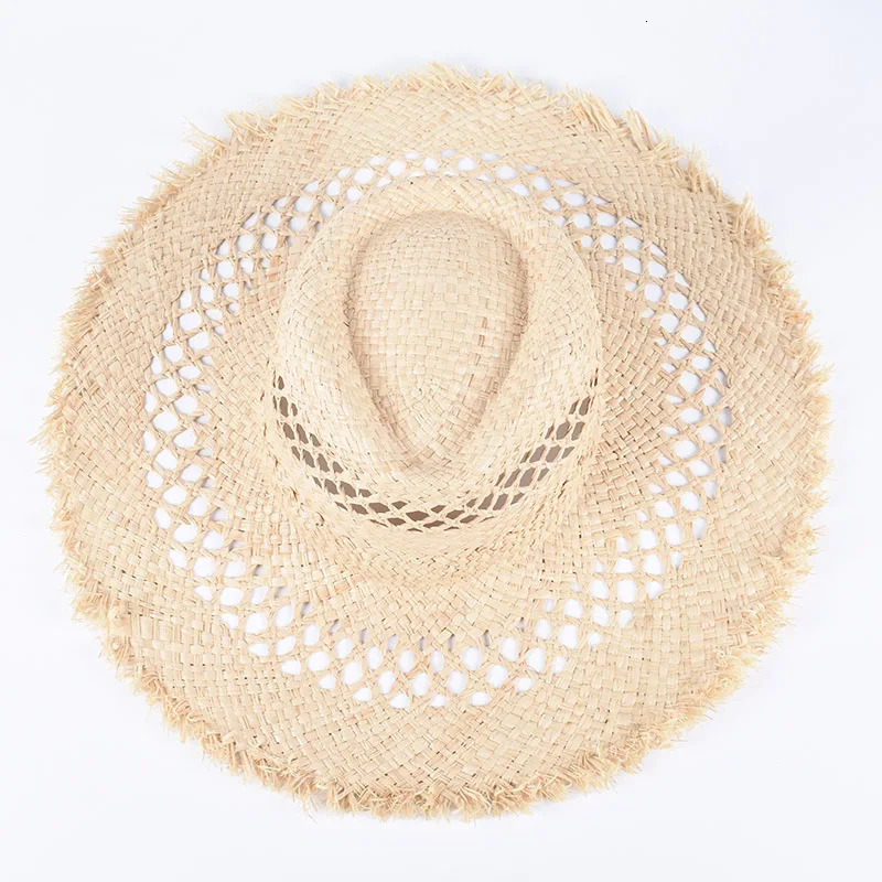100% Raffia Natural Straw Hat Women 2025 Wide Brim Sun Protection Outdoor Summer Beach Cap Sun Hats Panama Jazz Top Cap Travel 250326