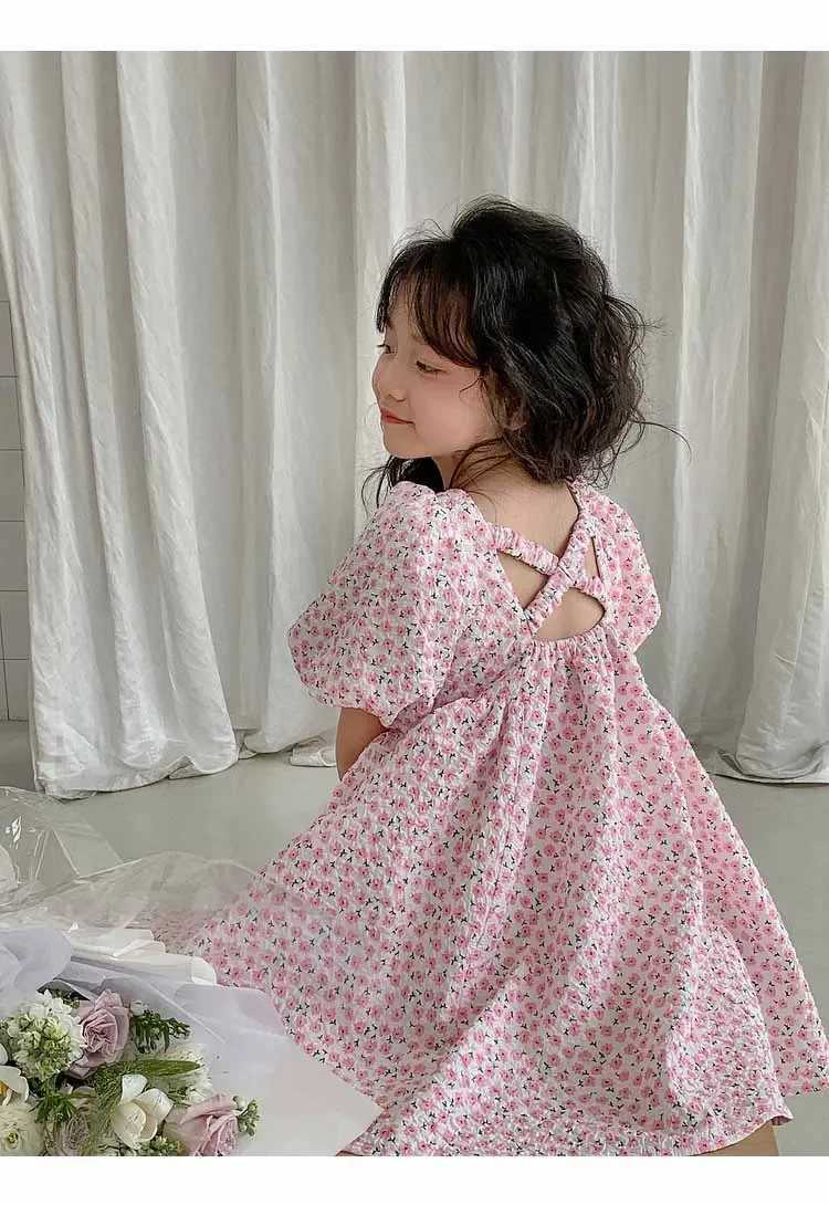 Girls casual dress with floral print and fluffy sleeves floral girls dress with square neckline childrens clothing for 3 to 7 years W250326