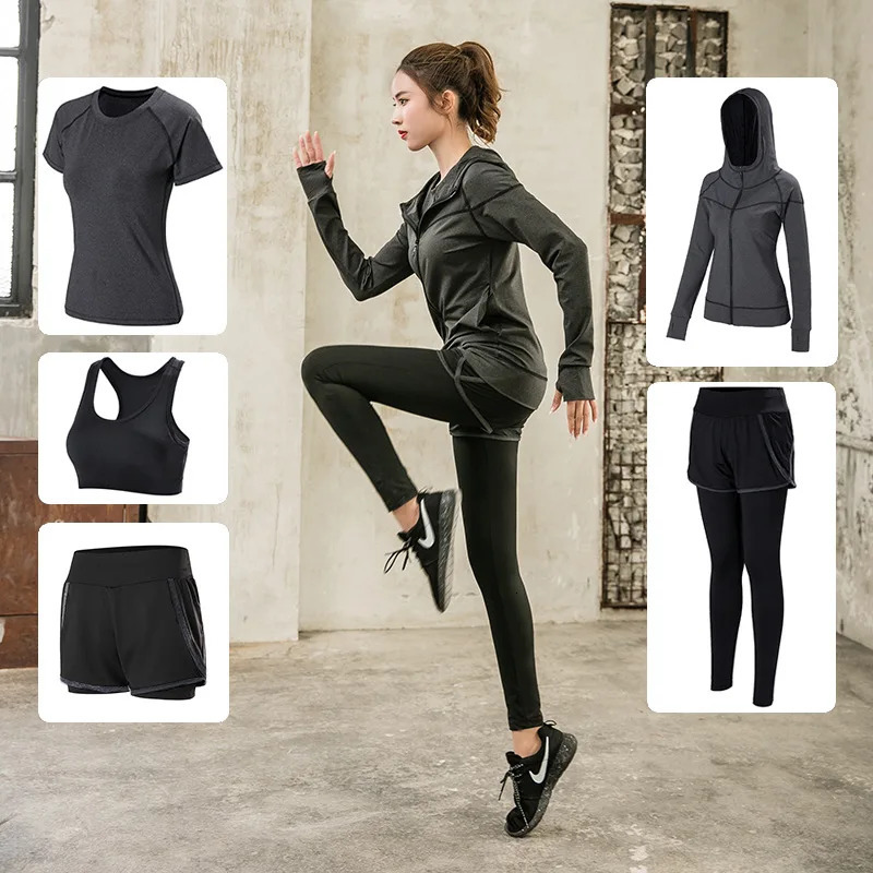 Sports 5pcs Set Women Sports Suit Yoga Tights Quick Dry Sportswear Workout Gym Fitness Tracksuit Clothes 250320