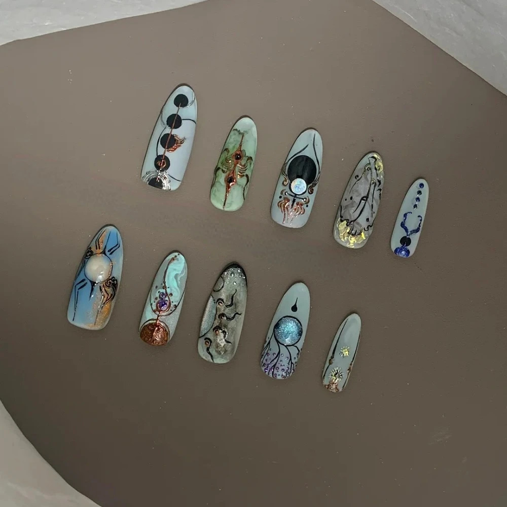 10Pcs Manicure Handmade Art Press on Nails Medium Long Oval Pattern ABS Nails Painting Art Style Nail with Set 250321