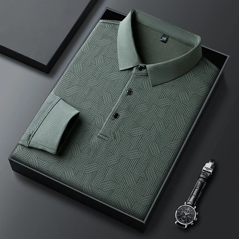 mens business casual long sleeved shirt with badge solid color polo fashionable breathable and comfortable lapel top y250326