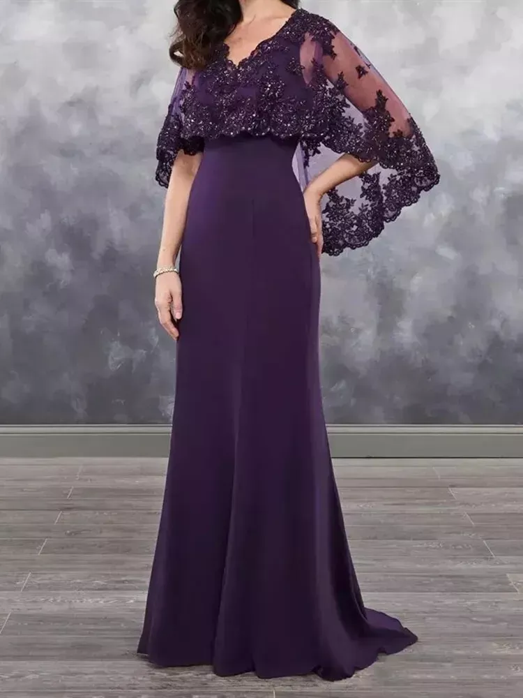 Elegant Long Mother Of The Bride Dresses Cape Sleeves Lace Appliques V-Neck Wedding Guest Gown 2025 Formal Party Prom Evening Dress For Women